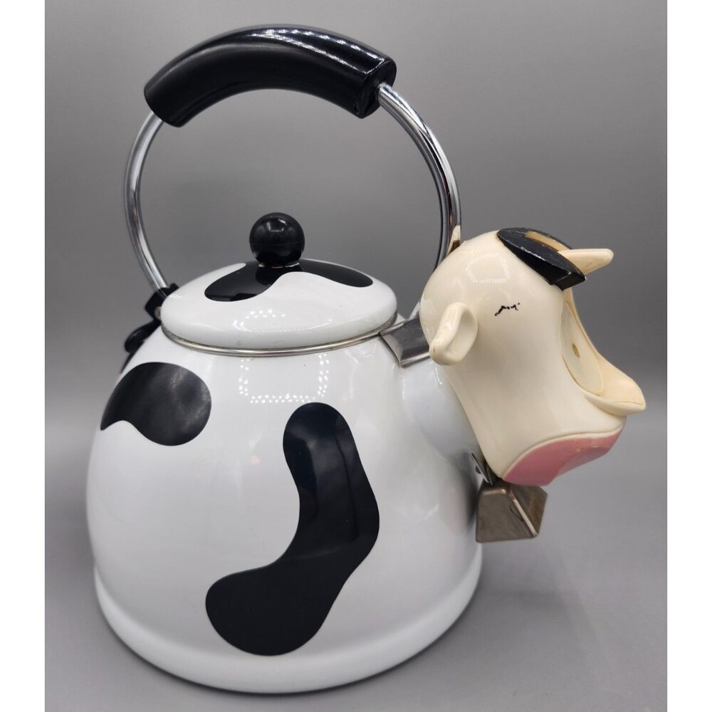 Vintage 1980s 1990s Kamenstein Cow Whistling Tea Kettle Enamel White Bell 2 Qt